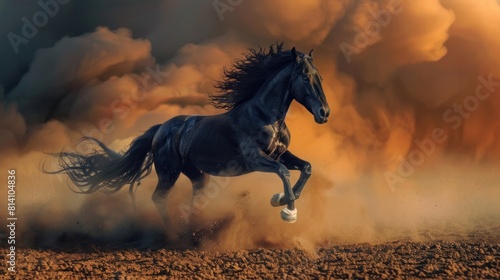 Black stallion with long mane run fast against dramatic sky in dust 