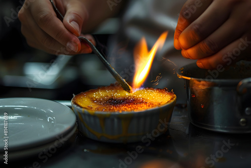 a pastry chef's hands torching the sugar topping on a crème brûlée