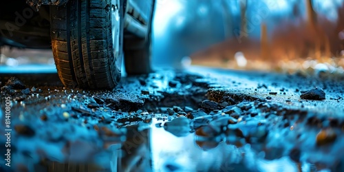 Closeup shot of car tire beside pothole on road. Concept Automobile, Closeup, Pothole, Road, Tire