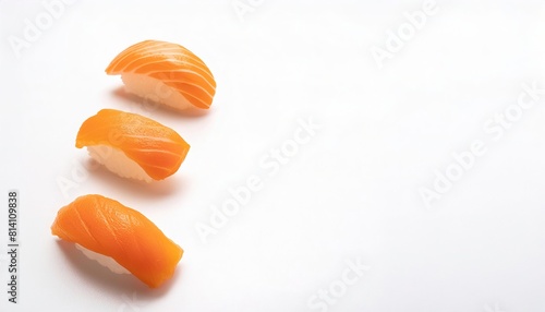 Salmon sushi sashimi uncooked fish on white rice isolated on a White background, Japanese food healthy eating high protein low carbohydrate, popular cuisine worldwide