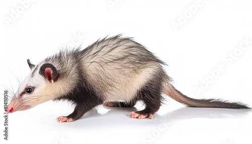 Young Virginian opossum or possum - Didelphis virginiana - a nocturnal mammal marsupial with a pouch, isolated on a white background, side profile view