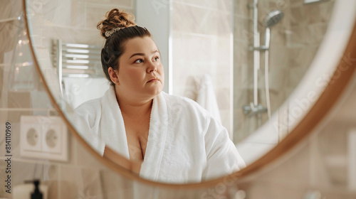 Retrato de mujer blanca con sobrepeso en hotel mirándose al espejo en un cuarto de baño con un albornoz blanco. Mujer grande caucásica enfrente de un espejo redondo.