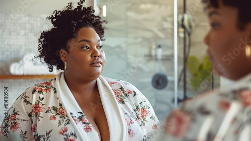 Mujer negra modelo africana con sobrepeso mirándose al espejo en un cuarto de baño de hotel o spa.