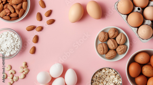 A collection of common allergens: pet dander, tree nuts, eggs, isolated on a light pink background 