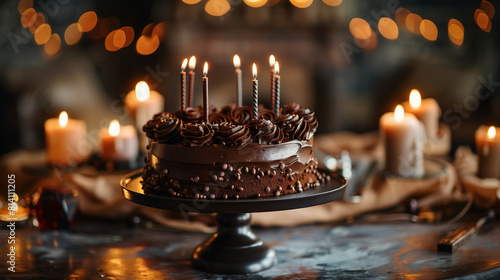 An elegant chocolate cake on a cake stand, surrounded by candles, ready for a celebration 