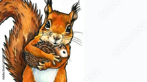  A squirrel embracing a hedgehog on a pure background with an empty banner in the foreground