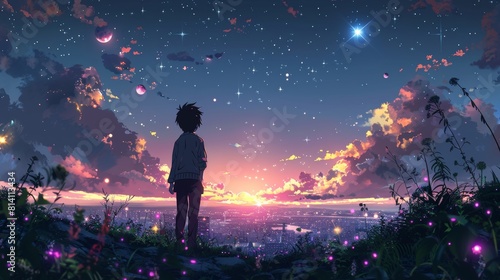 An illustration painting of a boy holding a star among glowing planets, digital art style, illustration painting.