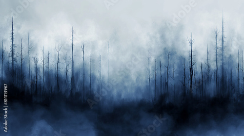 A forest with trees that are dying and the sky is cloudy