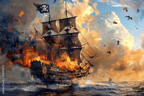 pirate ship attacking and burning vintage sailboat jolly roger skull flag seascape with clouds and birds digital painting