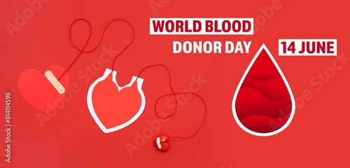 Banner for World Blood Donor Day with paper heart-shaped blood pack for transfusion