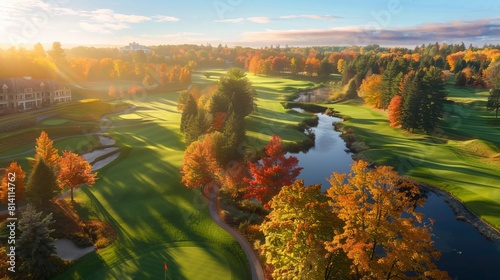 Illustrating the concept of tourism, a picturesque scene of French Canada unfolds, featuring a golf course enveloped by a stunning autumn park