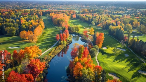 Illustrating the concept of tourism, a picturesque scene of French Canada unfolds, featuring a golf course enveloped by a stunning autumn park
