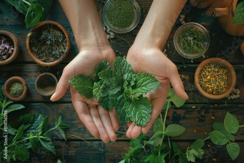 Woman Holding Lemon Balm Leaves Over Wooden Table With Dried Herbs