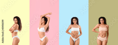 Set of beautiful young African-American woman with stretch marks on her body against color background