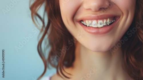 A close up of a woman smiling with braces on her teeth. Generative AI.