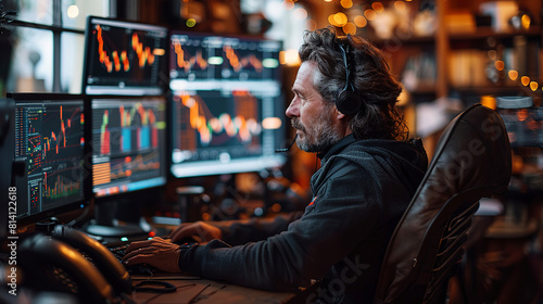 A successful trader sits behind monitors and controls trading charts on a crypto exchange.