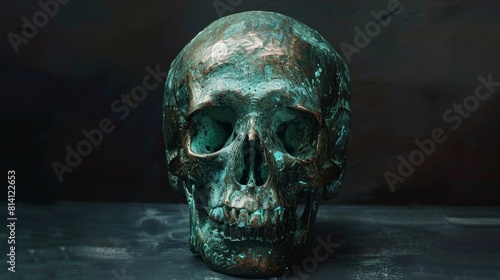 Verdigris Patina Copper Skull Sculpture 