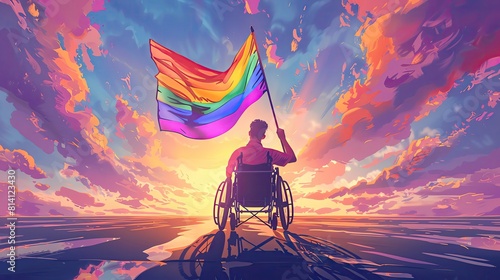 A young man in a wheelchair holds a rainbow flag in front of a colorful sunset
