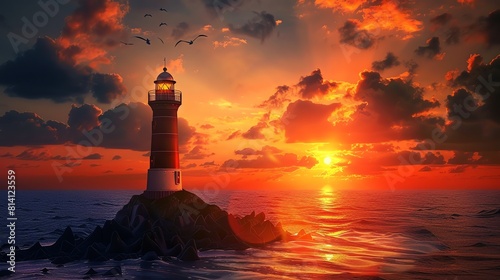 A lighthouse stands tall on a rocky coast, guiding ships safely through the stormy seas. The sky is ablaze with color, as the sun sets behind the lighthouse.