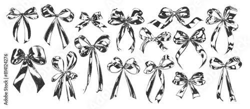 Bow ribbons with vintage stipple effect, y2k coquette collage design. Monochrome photocopy retro design elements. Vector illustration for grunge gothic surreal poster