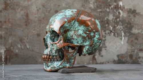 Verdigris Patina Copper Skull Sculpture 