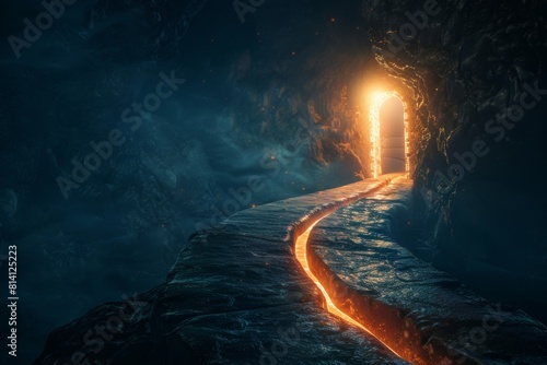 Path to Success: A Dark Winding Path Leading to a Glowing Doorway