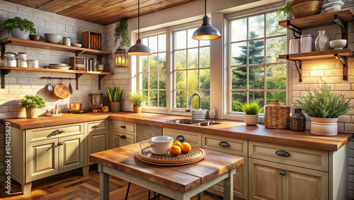A cozy kitchen nook with a rustic wooden countertop, featuring vintage decor elements and a soft, inviting ambiance. 