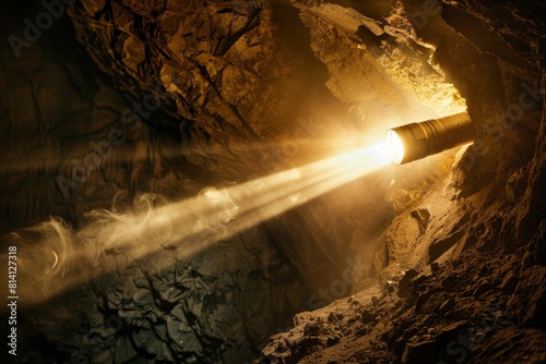 Exploring the Hidden Depths: Flashlight Illuminating Cave Entrance