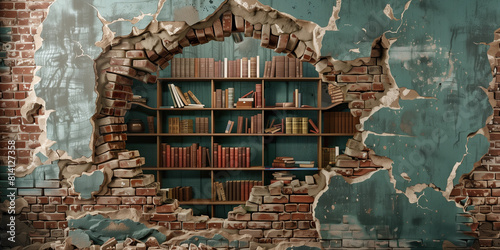 Muro abbattuto che mostra una libreria piena di libri.