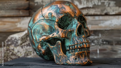 Verdigris Patina Copper Skull Sculpture 