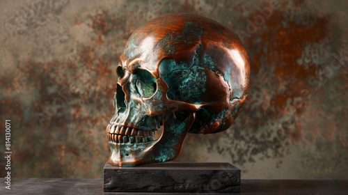 Verdigris Patina Copper Skull Sculpture 