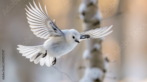 White flying long-tailed tit bird with beautiful wings spread in flight close up