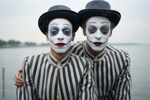 Humorous Two funny French mimes artists. Comedy pantomime entertainment performance on street. Generate ai