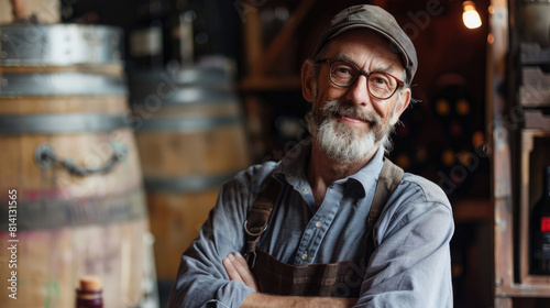 Bearded man with glasses and flat cap crossing arms in wine cellar