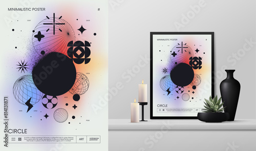 Vector gradient minimalistic rave Poster with strange wireframes graphic assets geometrical shapes Y2K design brutalism and mockup in the interior, 3d form spheres and circle with dissolving effect