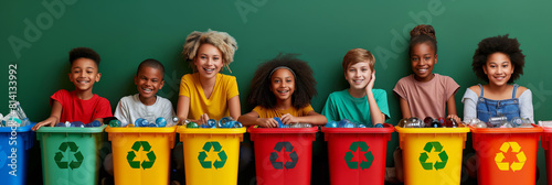 Diverse group of children recycling, promoting environmental responsibility. Ideal for educational content and green initiatives focused on youth involvement