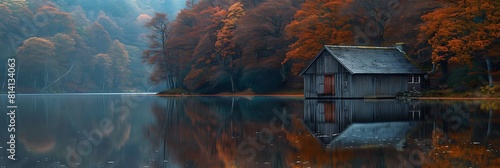 A colourful autuman woodland scene of an old abandoned boathouse over a calm still lake reflection on Loch Dunmore at Faskally Forest in Perth and Kinross, Scotland realistic nature and landscape