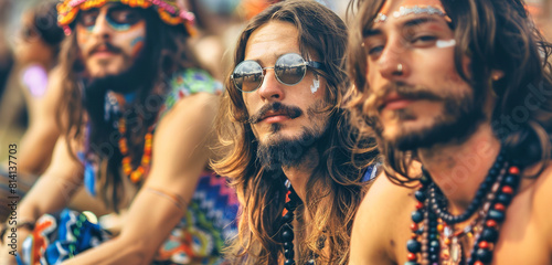 Hippies with long locks, mustaches and beards, sitting and bathed in warm light.