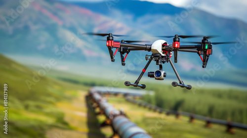 A drone with a camera flying over a pipeline in a mountainous landscape.