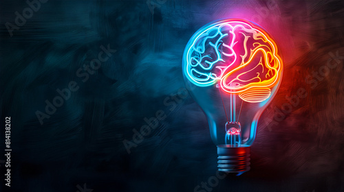 A light bulb with a neon brain illustration inside, glowing in blue and pink against a dark textured background. Copy space.