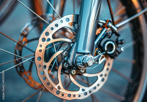 Close-up of grey metal brake disc and pads, integral part of road bike's braking system.