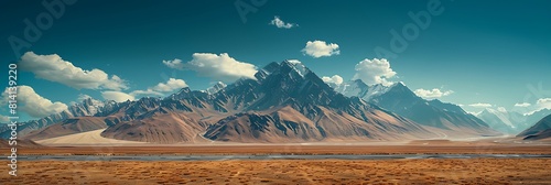 A desolate, high mountain desert region of the Himalayas, Along the highway are ranges with stunning sand and rock formations, streams, snow-peaks and glaciers realistic nature and landscape
