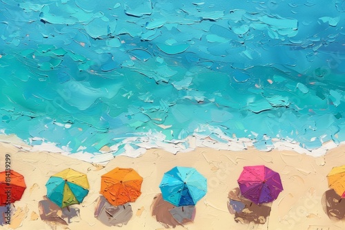 Colorful beach umbrellas on sandy shore with vibrant turquoise ocean in impressionist style