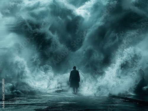 A man stands in the middle of a huge wave, looking out into the distance. Concept of awe and wonder at the power of nature, as well as a feeling of isolation and vulnerability
