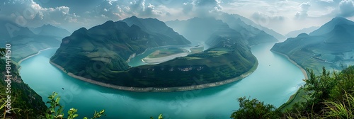 A famous bend of yangtze river in Yunnan Province, China, first curve of yangtze river , Lijiang realistic nature and landscape
