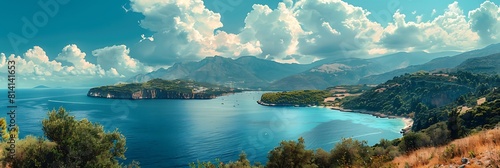 A fantastic view at Cephalonia island, famous and extremely popular travel destination in Greece, Europe, Blue Ionian sea water, hills and beautiful cumulus clouds realistic nature and landscape