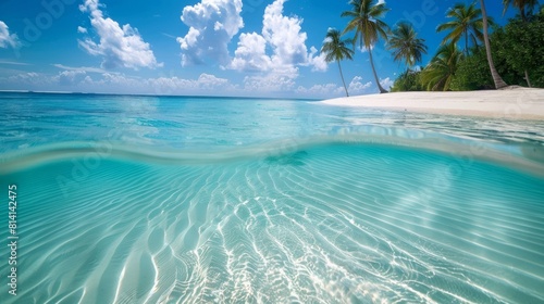 A pristine underwater scene showcasing a tropical blue ocean paired with white sand