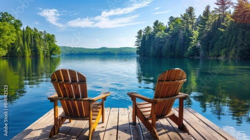 A pair of Adirondack chairs sit invitingly on a wooden dock, oriented towards the tranquil blue waters of a lake, creating an ideal setting for relaxation and reflection