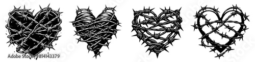 hearts bleeding broken with barbed wire and thorns spikes vector black white with transparent background, monochrome colorless illustration, decorative shape sketch for laser cutting engraving
