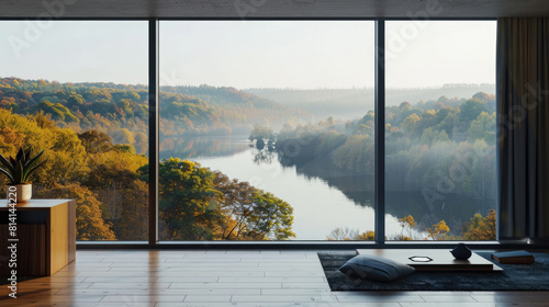 Panoramic window overlooking the forest and river. Minimalist design